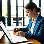 A focused female professional, in a modest business suit, sitting comfortably at a sleek wooden desk in a modern, sunlit co-working space. She is looking at a digital mind map displayed on a large tablet, deeply absorbed in learning complex concepts. The background shows blurred bookshelves and contemporary office furniture, indicating an environment of knowledge and growth. Soft, natural lighting. Professional photography, high-resolution, sharp focus. perfect anatomy, correct proportions, natural pose, well-formed hands, proper finger count, natural body proportions. safe for work, appropriate content, fully clothed, professional dress, family-friendly.