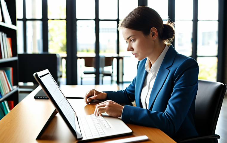 A focused female professional, in a modest business suit, sitting comfortably at a sleek wooden desk in a modern, sunlit co-working space. She is looking at a digital mind map displayed on a large tablet, deeply absorbed in learning complex concepts. The background shows blurred bookshelves and contemporary office furniture, indicating an environment of knowledge and growth. Soft, natural lighting. Professional photography, high-resolution, sharp focus. perfect anatomy, correct proportions, natural pose, well-formed hands, proper finger count, natural body proportions. safe for work, appropriate content, fully clothed, professional dress, family-friendly.