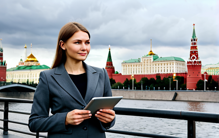 **
A businesswoman in Moscow, standing confidently near the Kremlin, wearing a stylish, modest business suit in gray tones, holding a tablet displaying data visualizations. The backdrop features the cityscape under a slightly overcast sky. Professional, fully clothed, appropriate attire, safe for work, perfect anatomy, natural proportions, high quality, family-friendly.
**
