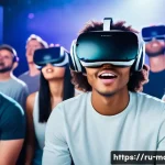 미디어기술사와 엔터테인먼트 산업 - A futuristic entertainment scene showcasing a diverse group of people wearing comfortable VR headset...