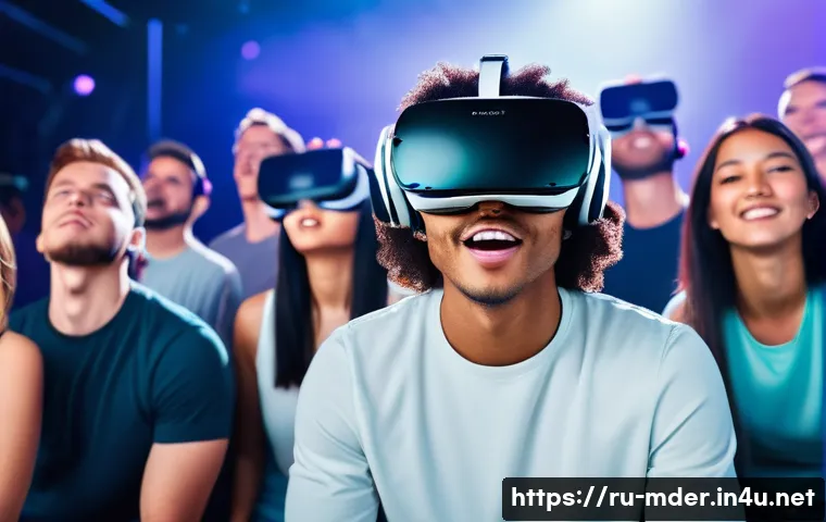 미디어기술사와 엔터테인먼트 산업 - A futuristic entertainment scene showcasing a diverse group of people wearing comfortable VR headset...