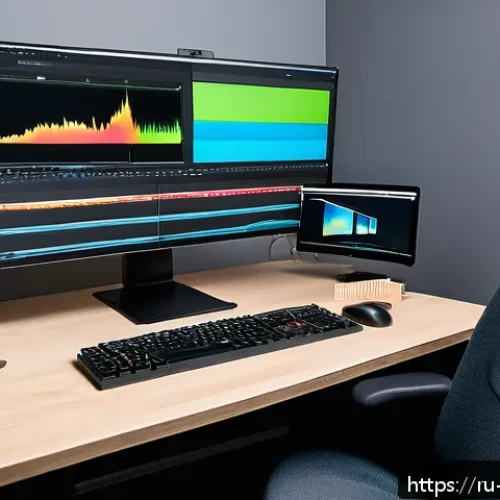 미디어기술사 실기 평가 기준 - A professional media editing workspace showing a modern, well-organized desk with a large high-resol...