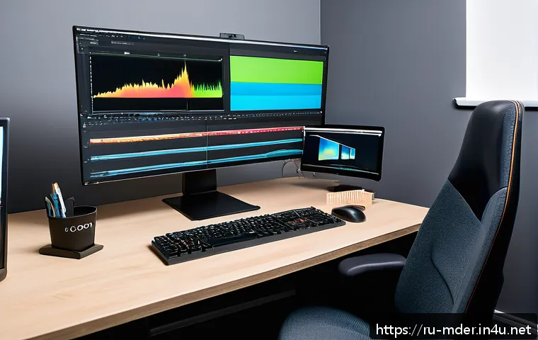 미디어기술사 실기 평가 기준 - A professional media editing workspace showing a modern, well-organized desk with a large high-resol...