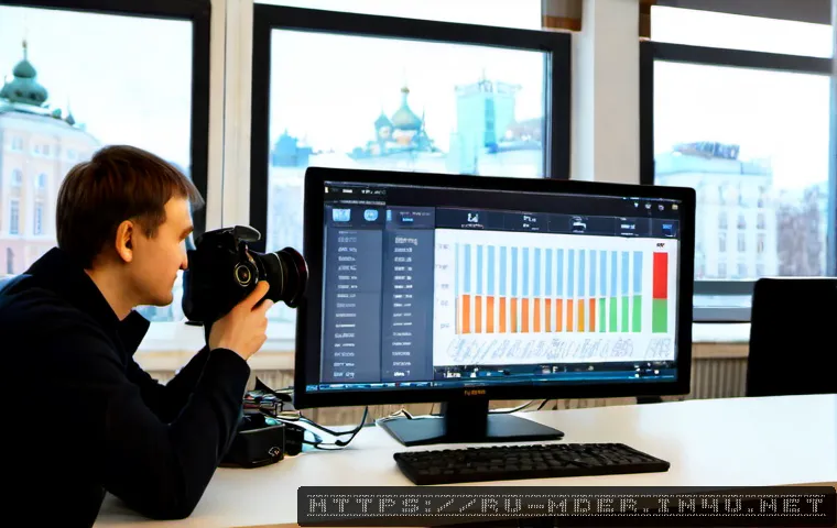 미디어기술사와 데이터 분석의 관계 - Photorealistic modern media analytics workspace in Moscow, a Russian data analyst reviewing colorful...